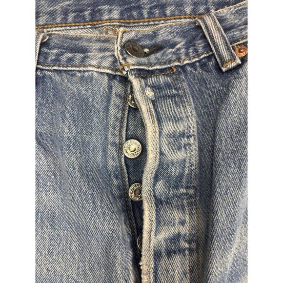 Levis 501 Jeans Mens 35x34 Blue Button Fly Straight Leg Distressed Faded Denim - Picture 2 of 11